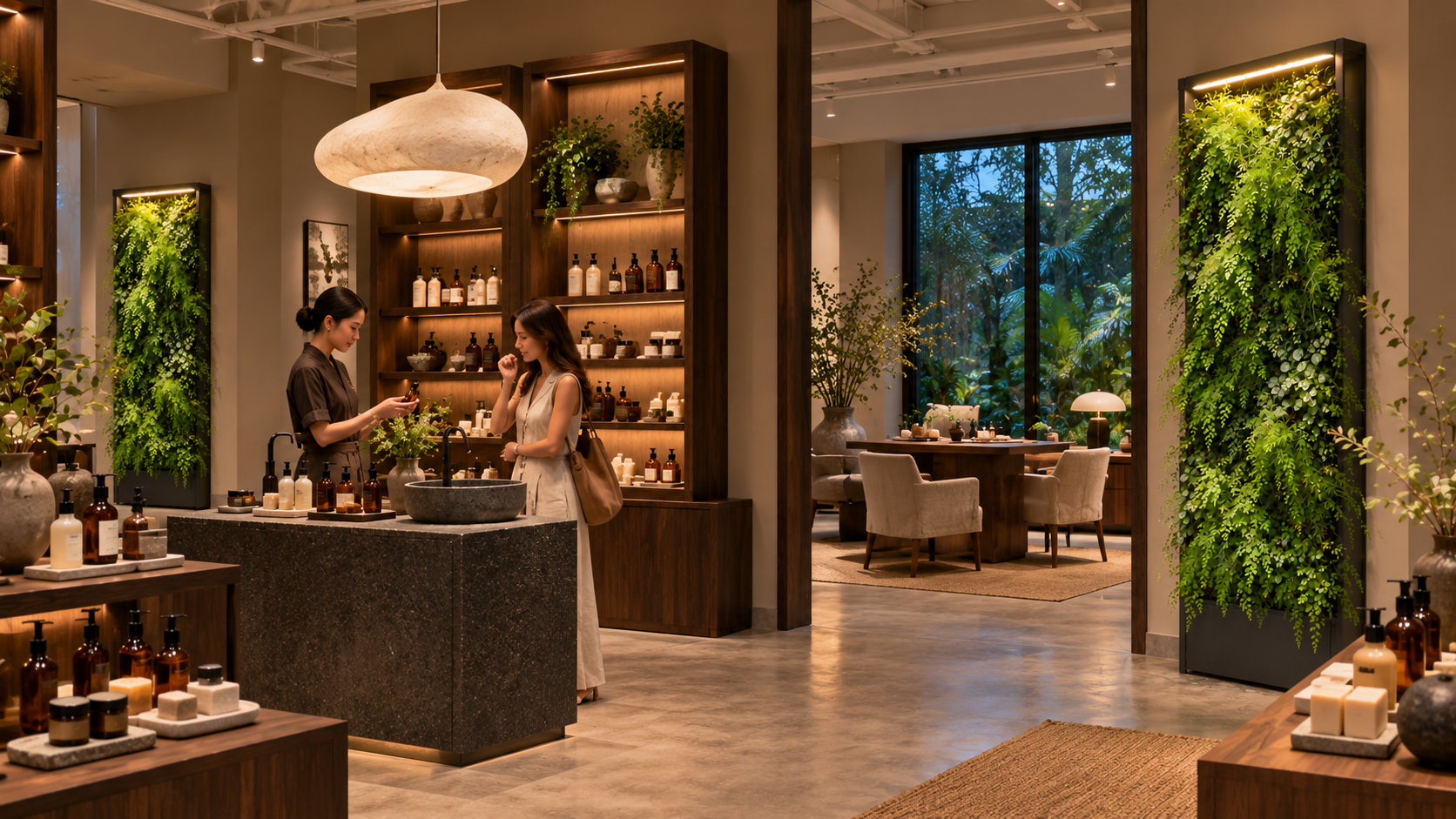 CANVIVA planting in a timber-lined skincare experience store